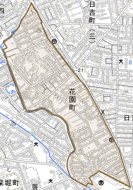花園町とその周辺の地図。町の範囲を重ねている