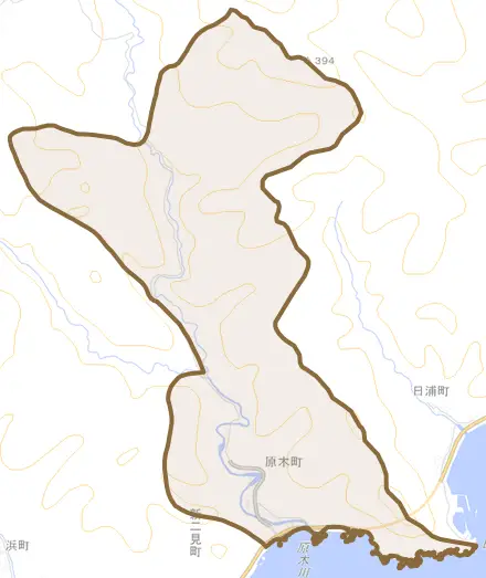 原木町とその周辺の地図。町の範囲を重ねている