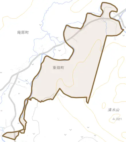 東畑町とその周辺の地図。町の範囲を重ねている