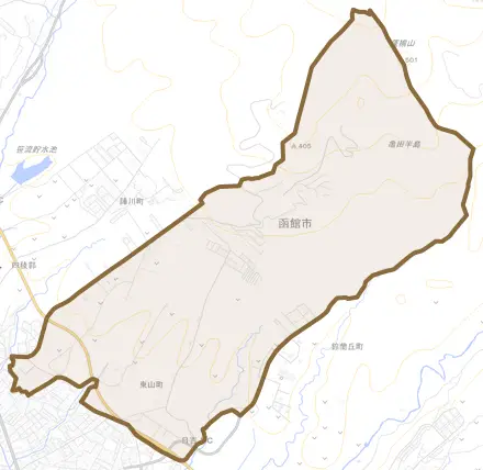 東山町とその周辺の地図。町の範囲を重ねている