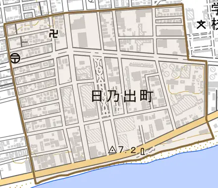 日乃出町とその周辺の地図。町の範囲を重ねている