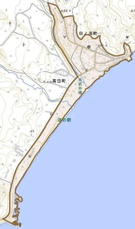 日ノ浜町とその周辺の地図。町の範囲を重ねている