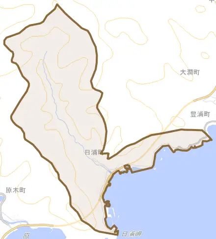 日浦町とその周辺の地図。町の範囲を重ねている