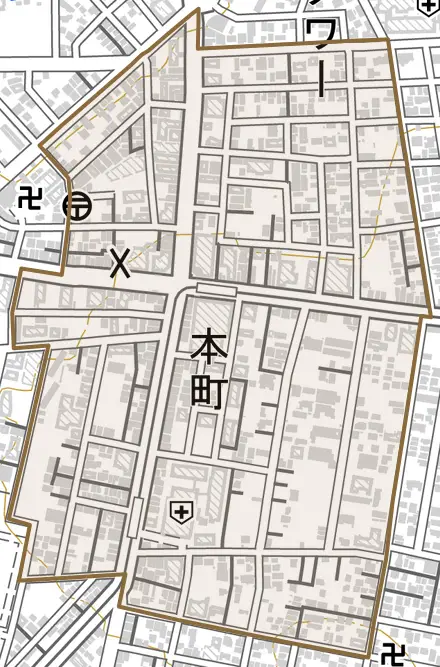 本町とその周辺の地図。町の範囲を重ねている
