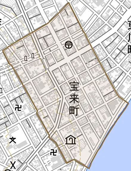 宝来町とその周辺の地図。町の範囲を重ねている