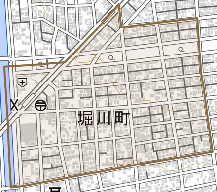 堀川町とその周辺の地図。町の範囲を重ねている