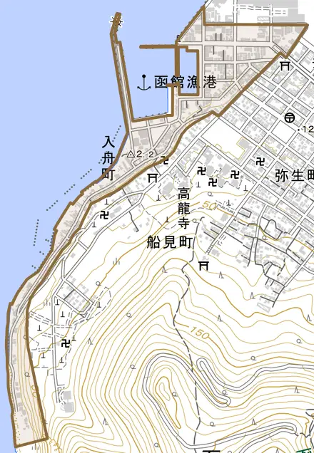 入舟町とその周辺の地図。町の範囲を重ねている