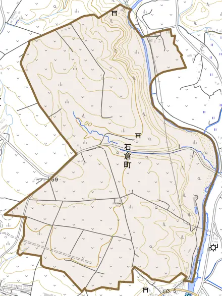 石倉町とその周辺の地図。町の範囲を重ねている