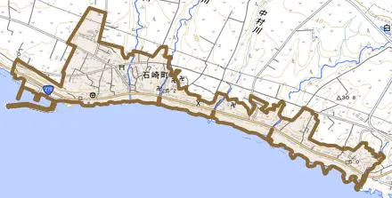石崎町とその周辺の地図。町の範囲を重ねている