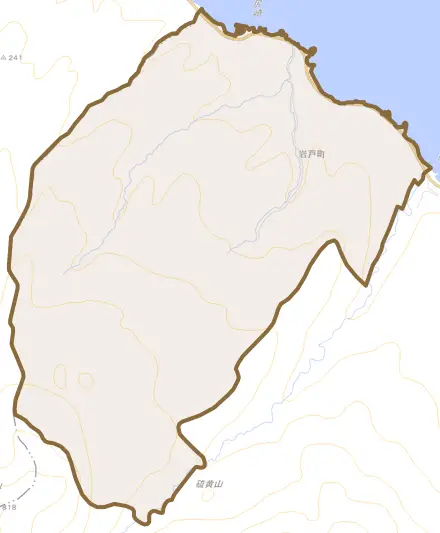 岩戸町とその周辺の地図。町の範囲を重ねている