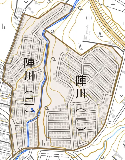 陣川とその周辺の地図。町の範囲を重ねている