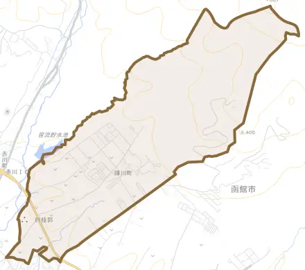 陣川町とその周辺の地図。町の範囲を重ねている