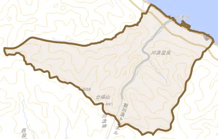 川汲町とその周辺の地図。町の範囲を重ねている