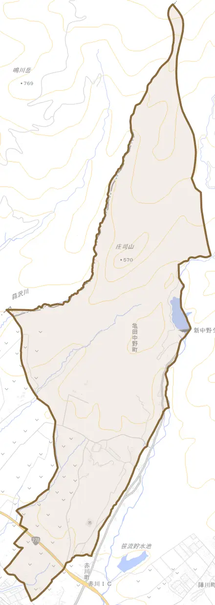 亀田中野町とその周辺の地図。町の範囲を重ねている