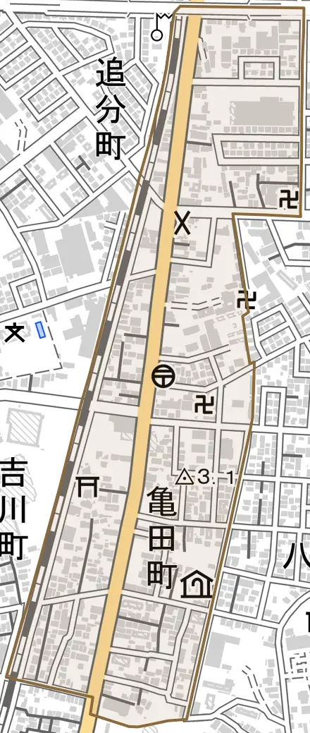 亀田町とその周辺の地図。町の範囲を重ねている