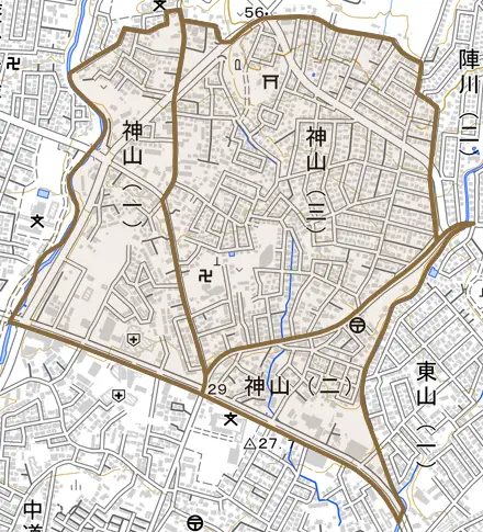 神山とその周辺の地図。町の範囲を重ねている