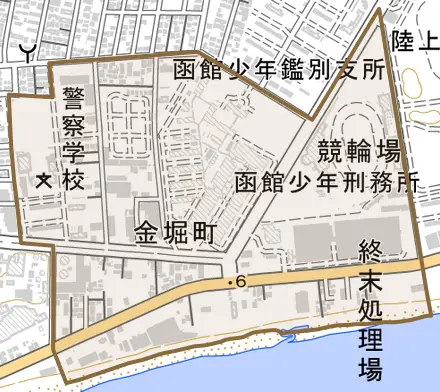 金堀町とその周辺の地図。町の範囲を重ねている
