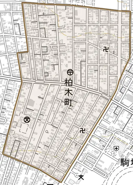 柏木町とその周辺の地図。町の範囲を重ねている