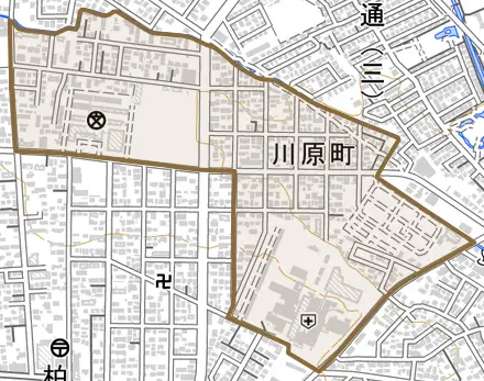 川原町とその周辺の地図。町の範囲を重ねている