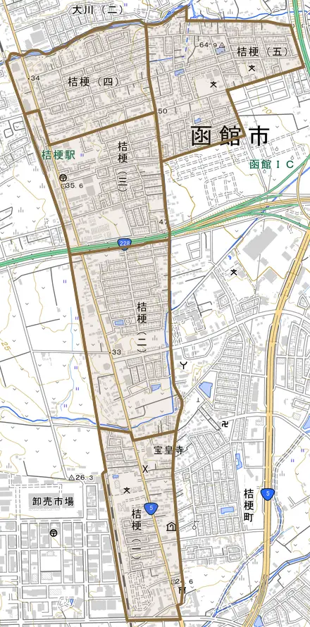 桔梗とその周辺の地図。町の範囲を重ねている