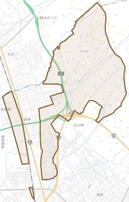 桔梗町とその周辺の地図。町の範囲を重ねている