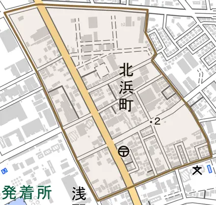 北浜町とその周辺の地図。町の範囲を重ねている