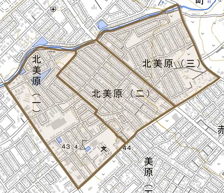 北美原とその周辺の地図。町の範囲を重ねている