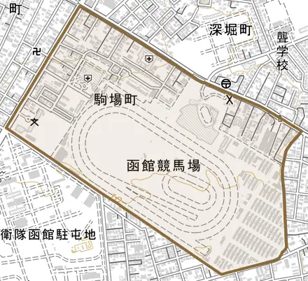 駒場町とその周辺の地図。町の範囲を重ねている