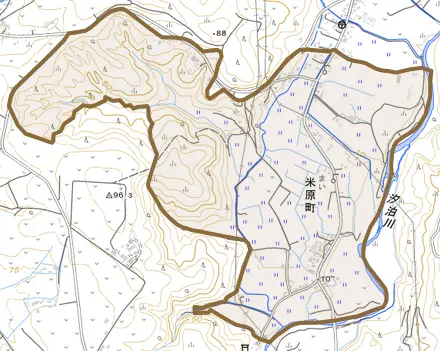 米原町とその周辺の地図。町の範囲を重ねている