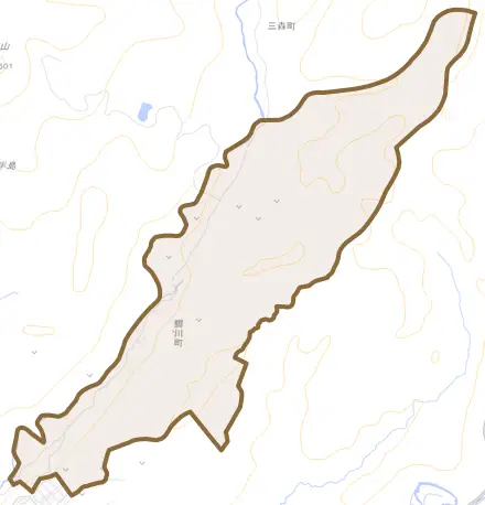 鱒川町とその周辺の地図。町の範囲を重ねている