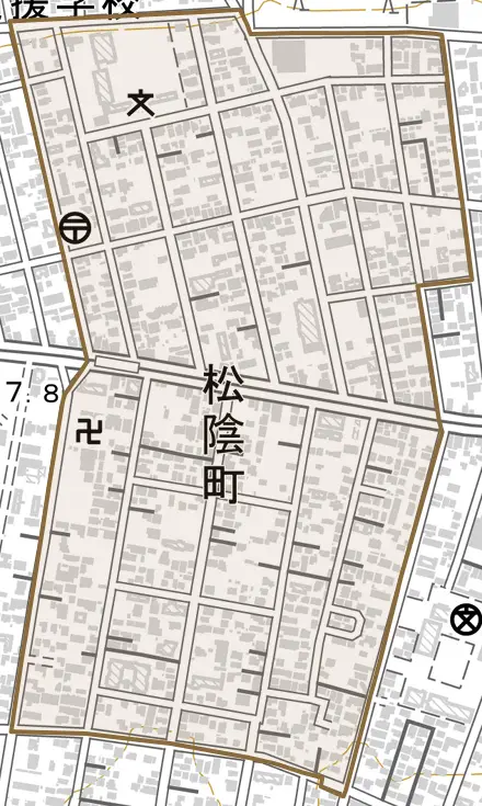 松陰町とその周辺の地図。町の範囲を重ねている