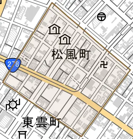 松風町とその周辺の地図。町の範囲を重ねている