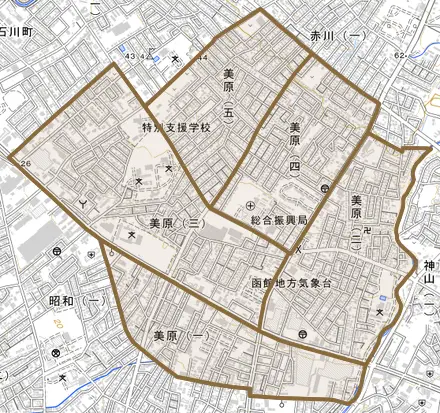 美原とその周辺の地図。町の範囲を重ねている