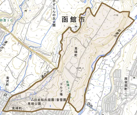 見晴町とその周辺の地図。町の範囲を重ねている