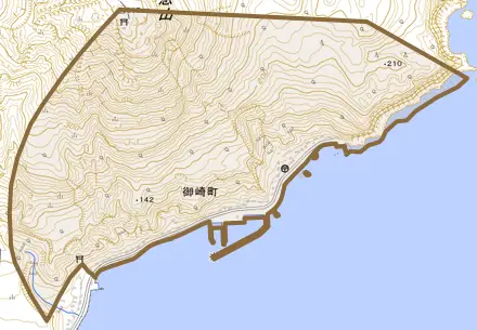 御崎町とその周辺の地図。町の範囲を重ねている