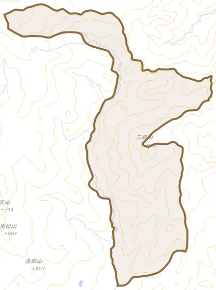 三森町とその周辺の地図。町の範囲を重ねている