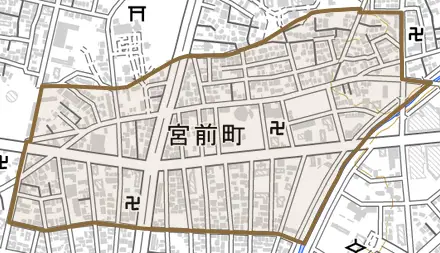 宮前町とその周辺の地図。町の範囲を重ねている