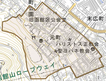 元町とその周辺の地図。町の範囲を重ねている