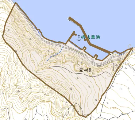 元村町とその周辺の地図。町の範囲を重ねている