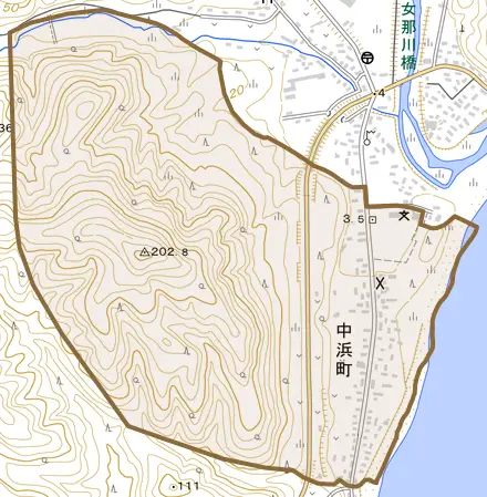 中浜町とその周辺の地図。町の範囲を重ねている