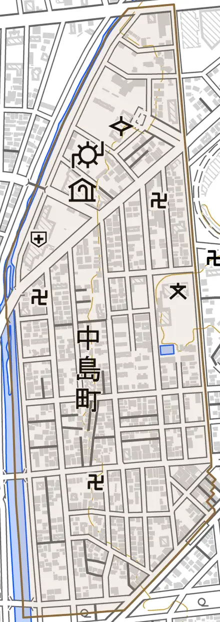 中島町とその周辺の地図。町の範囲を重ねている