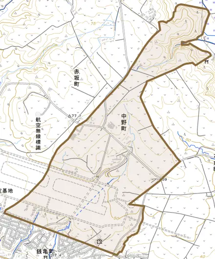 中野町とその周辺の地図。町の範囲を重ねている
