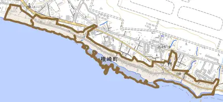 根崎町とその周辺の地図。町の範囲を重ねている