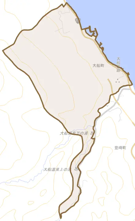 大船町とその周辺の地図。町の範囲を重ねている