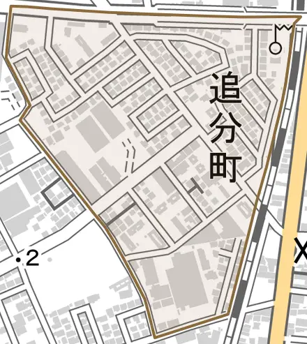 追分町とその周辺の地図。町の範囲を重ねている