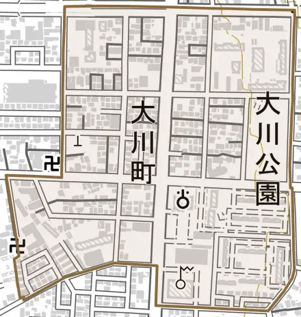 大川町とその周辺の地図。町の範囲を重ねている