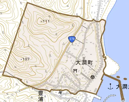 大澗町とその周辺の地図。町の範囲を重ねている