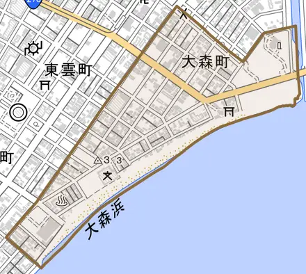 大森町とその周辺の地図。町の範囲を重ねている