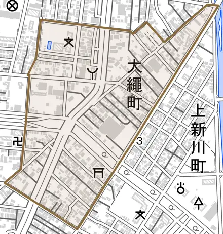 大縄町とその周辺の地図。町の範囲を重ねている