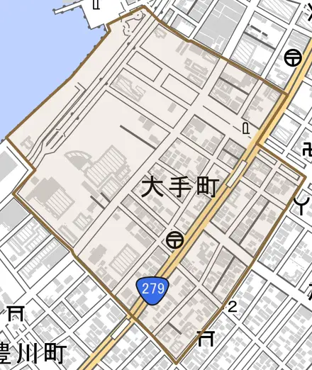 大手町とその周辺の地図。町の範囲を重ねている
